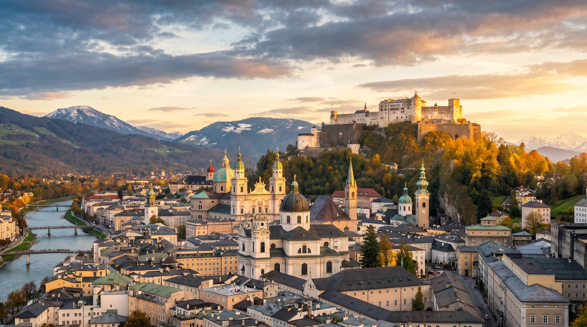 Hohensalzburg Fortress overlooking Salzburg at golden hour